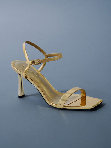 Metallic Ankle-Strap Heeled Sandals, Gold, hi-res