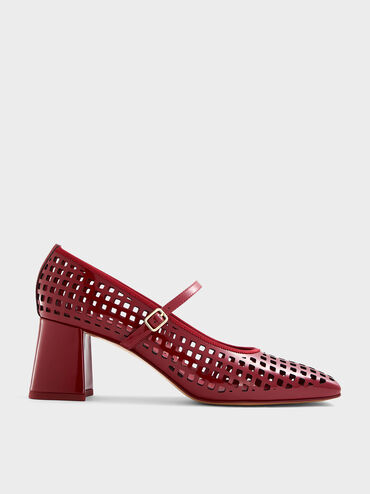 Patent Perforated Square-Toe Block-Heel Mary Jane Pumps, Red, hi-res