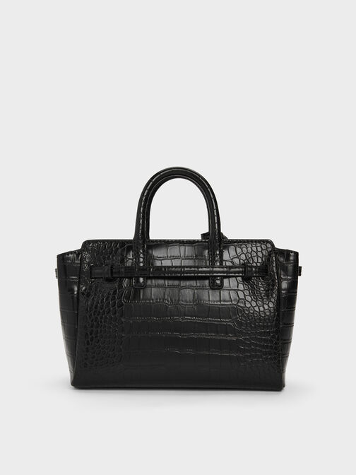 Mini Delfina Croc-Effect Belted Tote Bag, Black Croco, hi-res