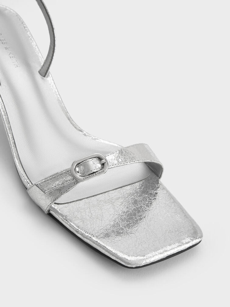 Metallic Crinkle-Effect Buckled Slingback Kitten Heels, Silver, hi-res