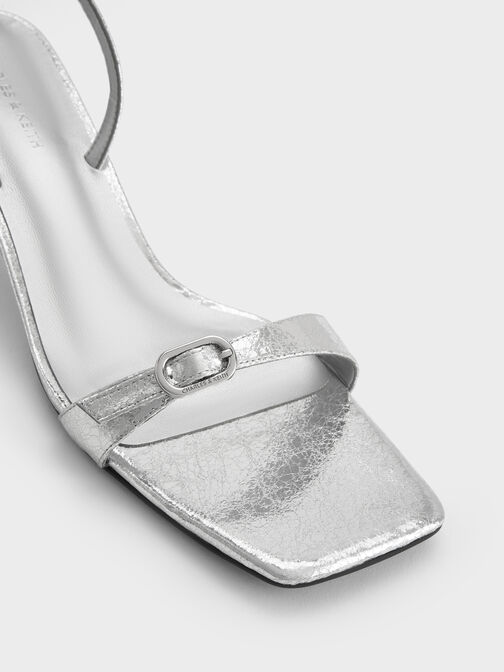 Metallic Crinkle-Effect Buckled Slingback Kitten Heels, Silver, hi-res