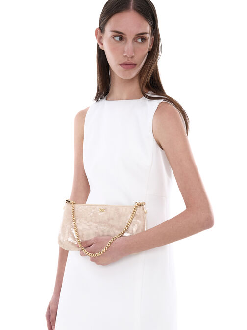 Sequin Mesh & Leather Shoulder Bag, Champagne Nude, hi-res