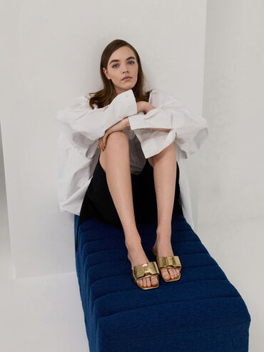 Lu Metallic Leather Bow Slide Sandals, Gold, hi-res