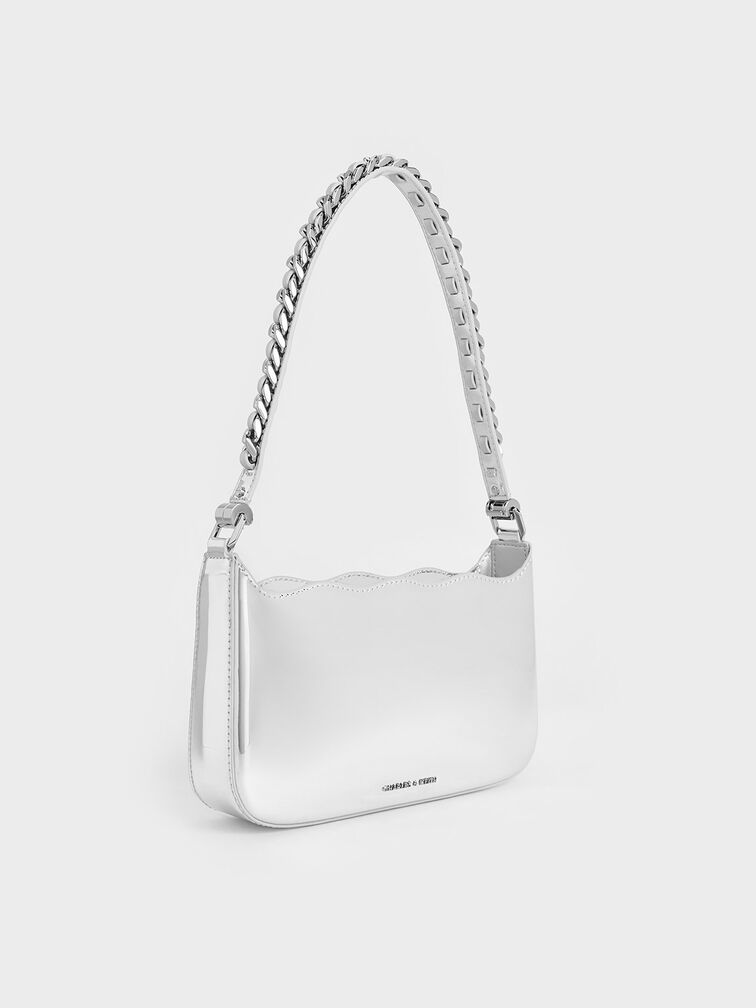 Metallic Wavy Braided Chain-Link Shoulder Bag, Silver, hi-res