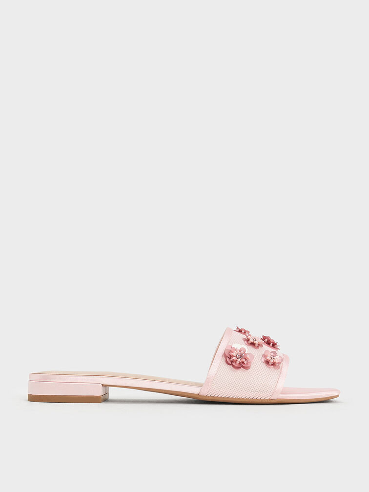 Mesh & Satin Sequin-Flower Slide Sandals, Pink, hi-res