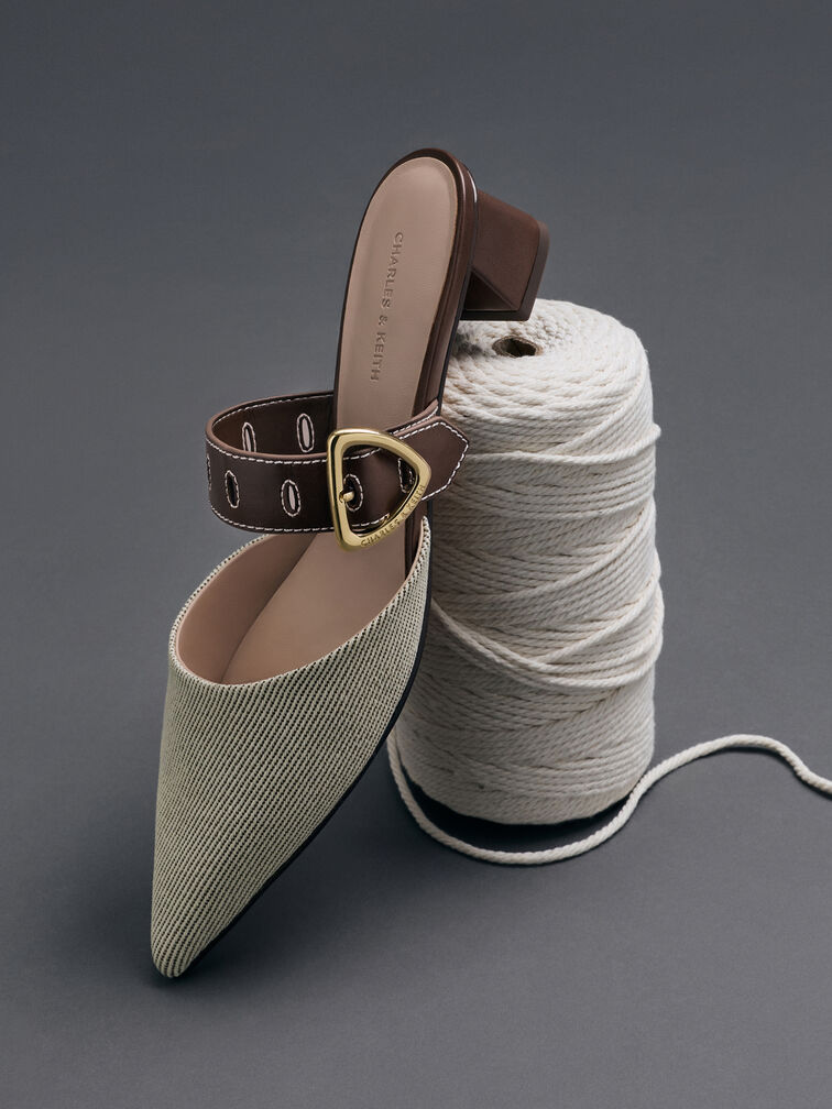 Sepphe Twill Buckle-Strap Heeled Mules, Brown, hi-res