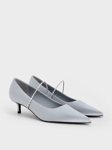 Satin Embellished-Strap Pointed-Toe Pumps, Blue, hi-res