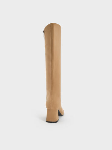 Faux Suede Square-Toe Knee-High Boots, Sand, hi-res
