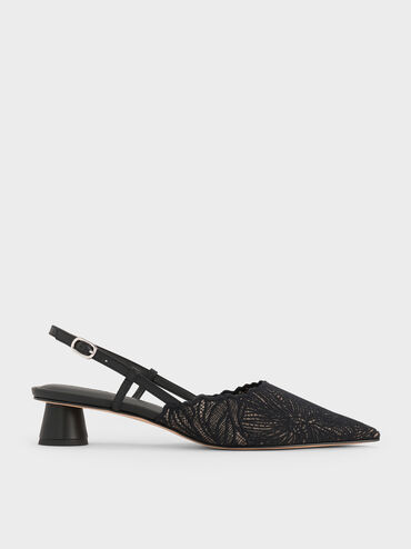 Meja Floral-Crochet Slingback Pumps, Black Textured, hi-res