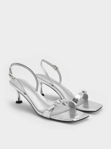 Metallic Crinkle-Effect Buckled Slingback Kitten Heels, Silver, hi-res