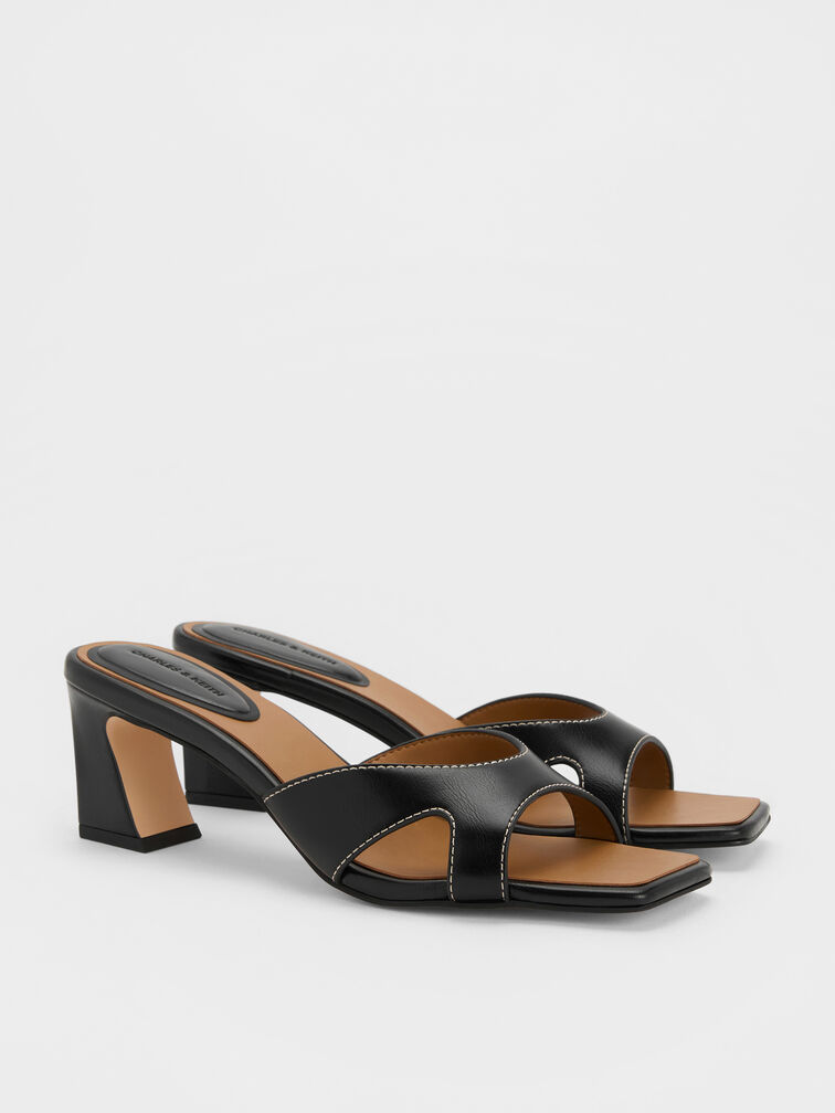 Cut-Out Square-Toe Heeled Mules, Black, hi-res