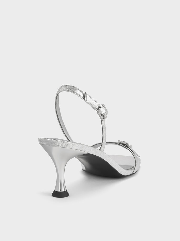 Metallic Crinkle-Effect Buckled Slingback Kitten Heels, Silver, hi-res